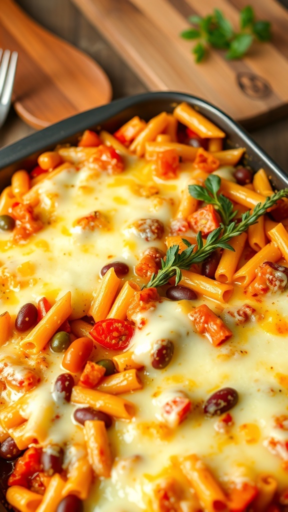Pantry Oven Recipes Baked pasta dish with cheese, tomatoes, and vegetables in a rustic kitchen.